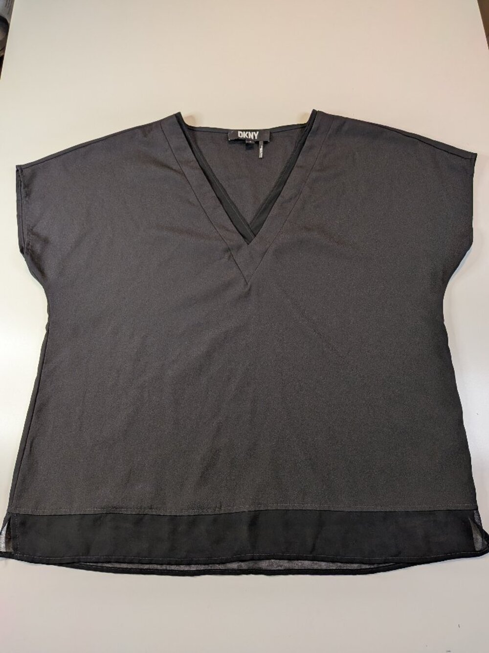 DKNY Black V-Neck Blouse Sheer Hem Top Womens Medium
